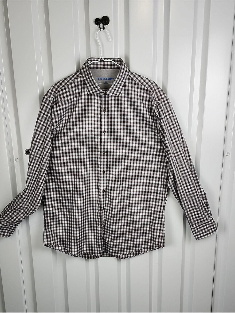 Twillory Long-Sleeve Performance Brown Blue Gingham Check Shirt Sz 17.5 34-35